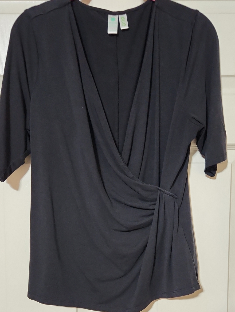 Aventura Black Wrap-Style Short Sleeve Sleep Top, Pima Cotton, Large